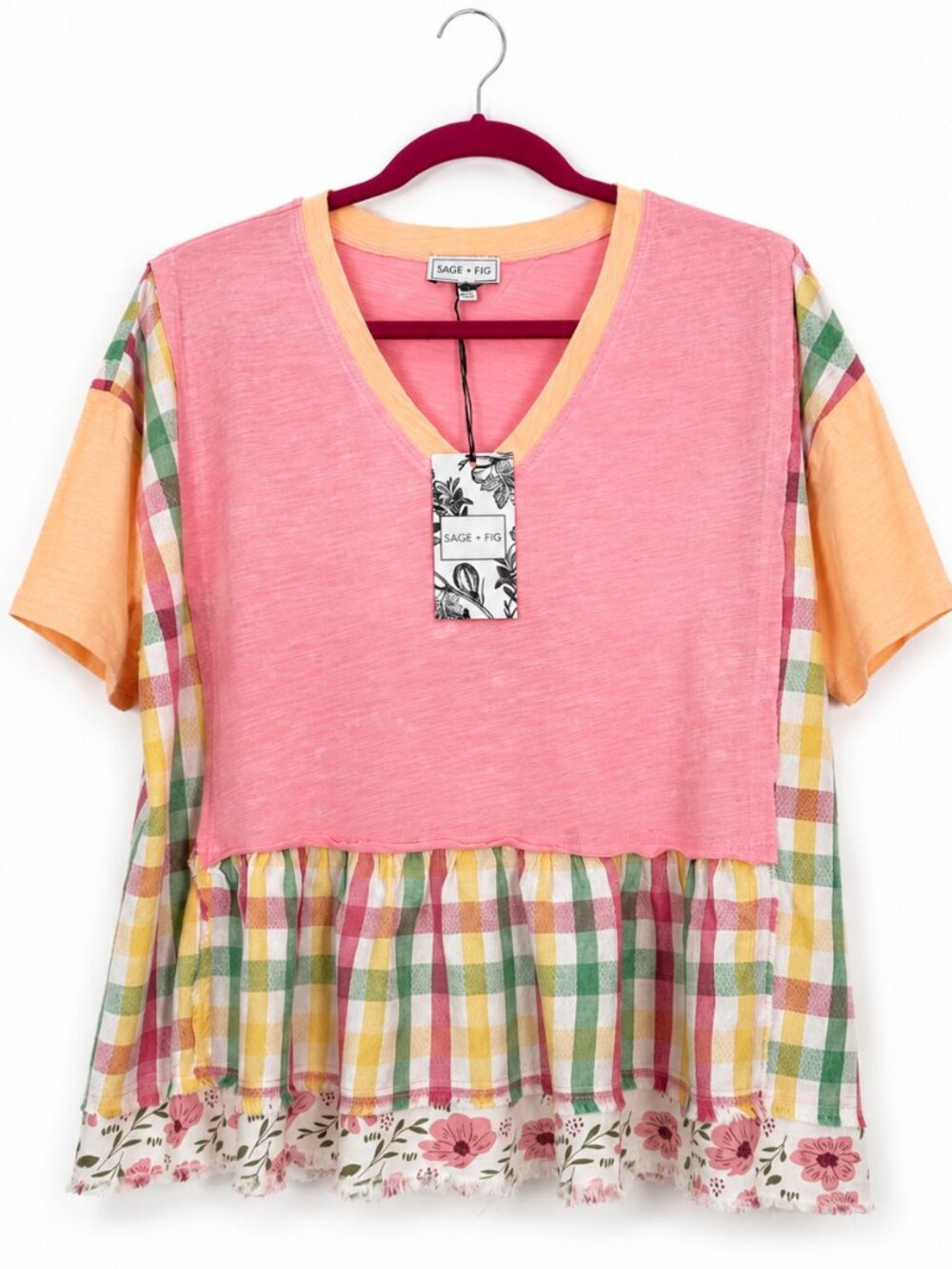 Sage + Fig Boho Baggy Upcycle T Shirt Style Ruffle Hem Slouchy Feminine Top - Picture 6 of 10